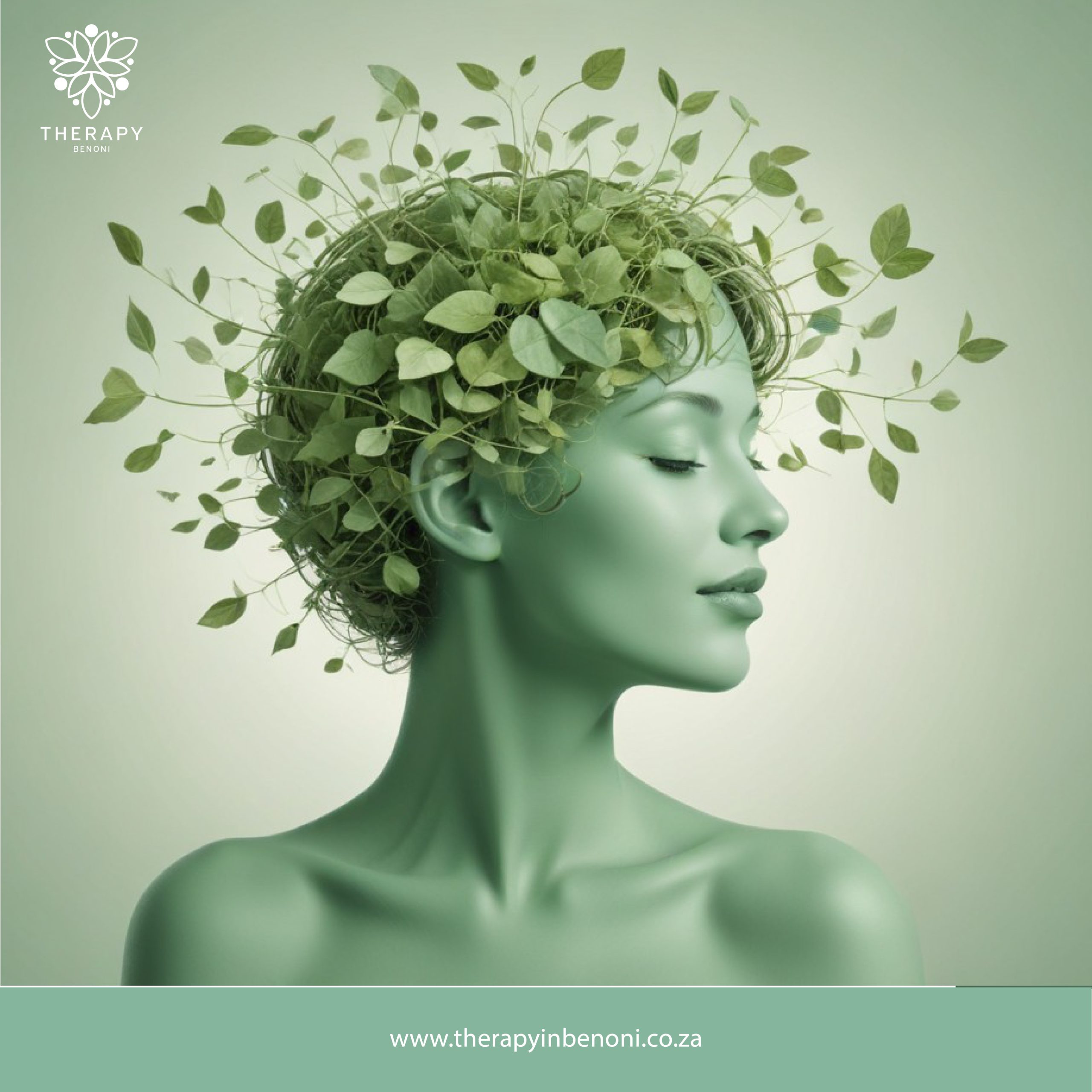 Profile of a child with green leaves radiating from their head symbolizing child trauma counseling near Bedfordview at Therapy in Benoni.