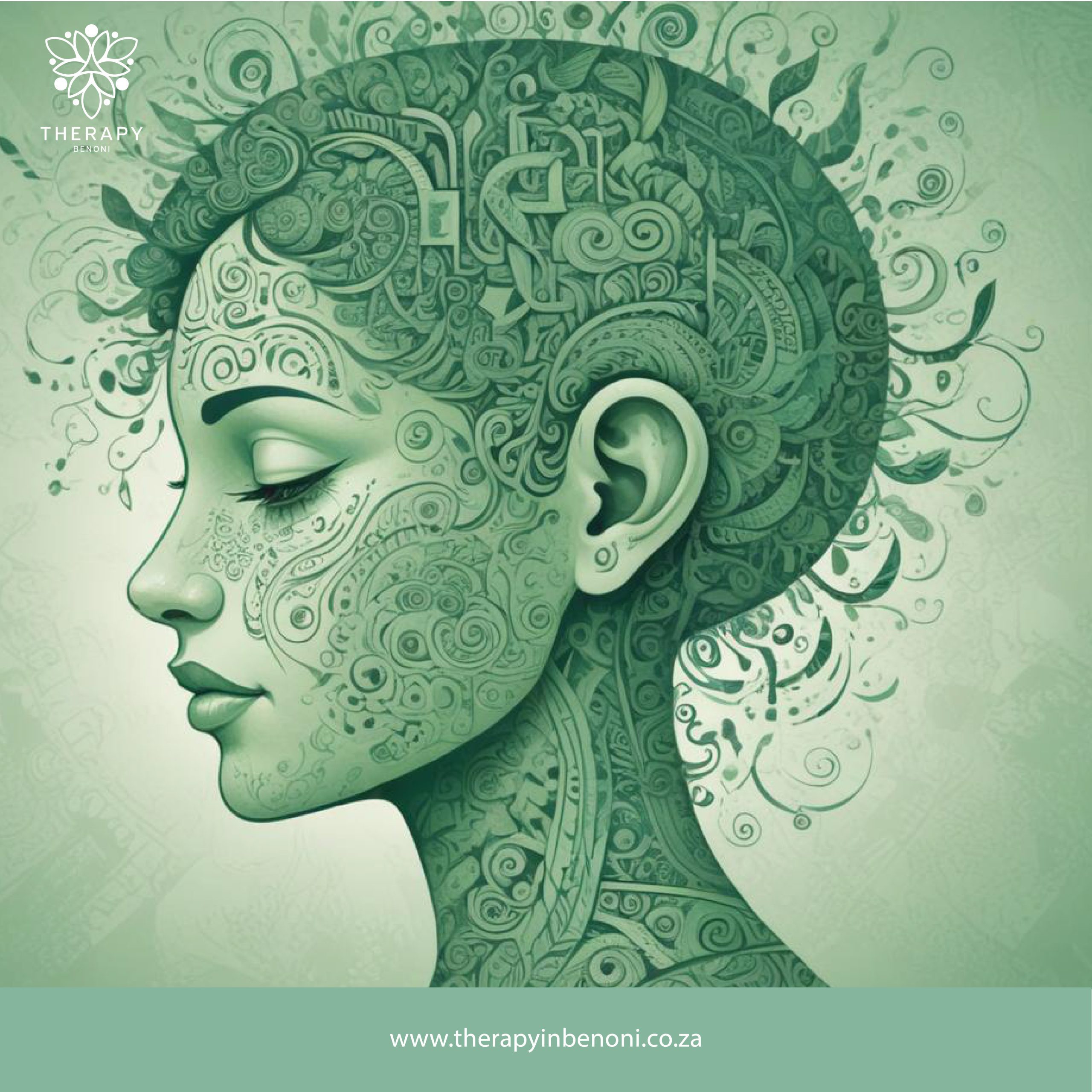 Profile of a child with intricate green patterns symbolizing comprehensive child psychology services in Northmead at Therapy in Benoni.