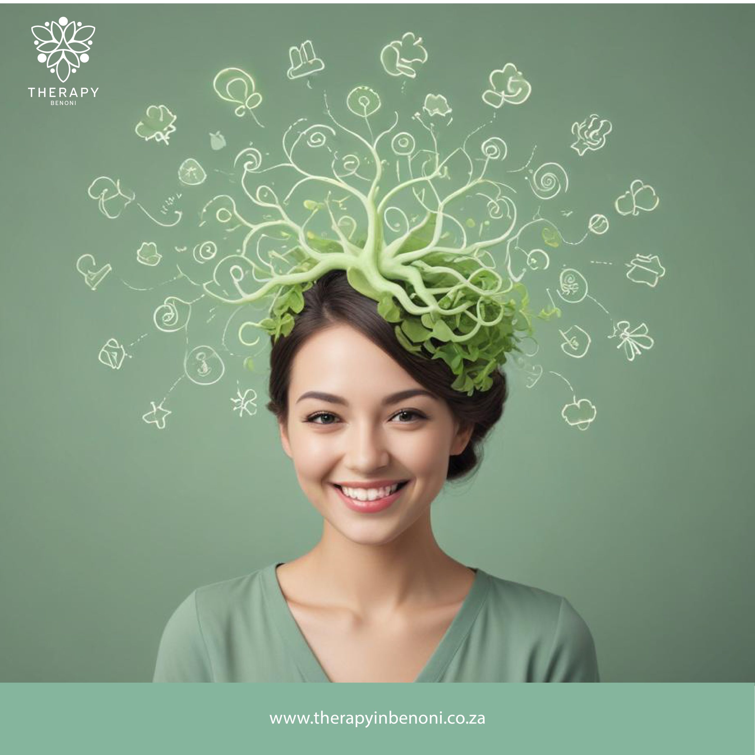 Smiling child psychologist with abstract plant-themed visualizations around her head, representing the nurturing and growth-focused therapy for children in Ebotse at Therapy in Benoni.