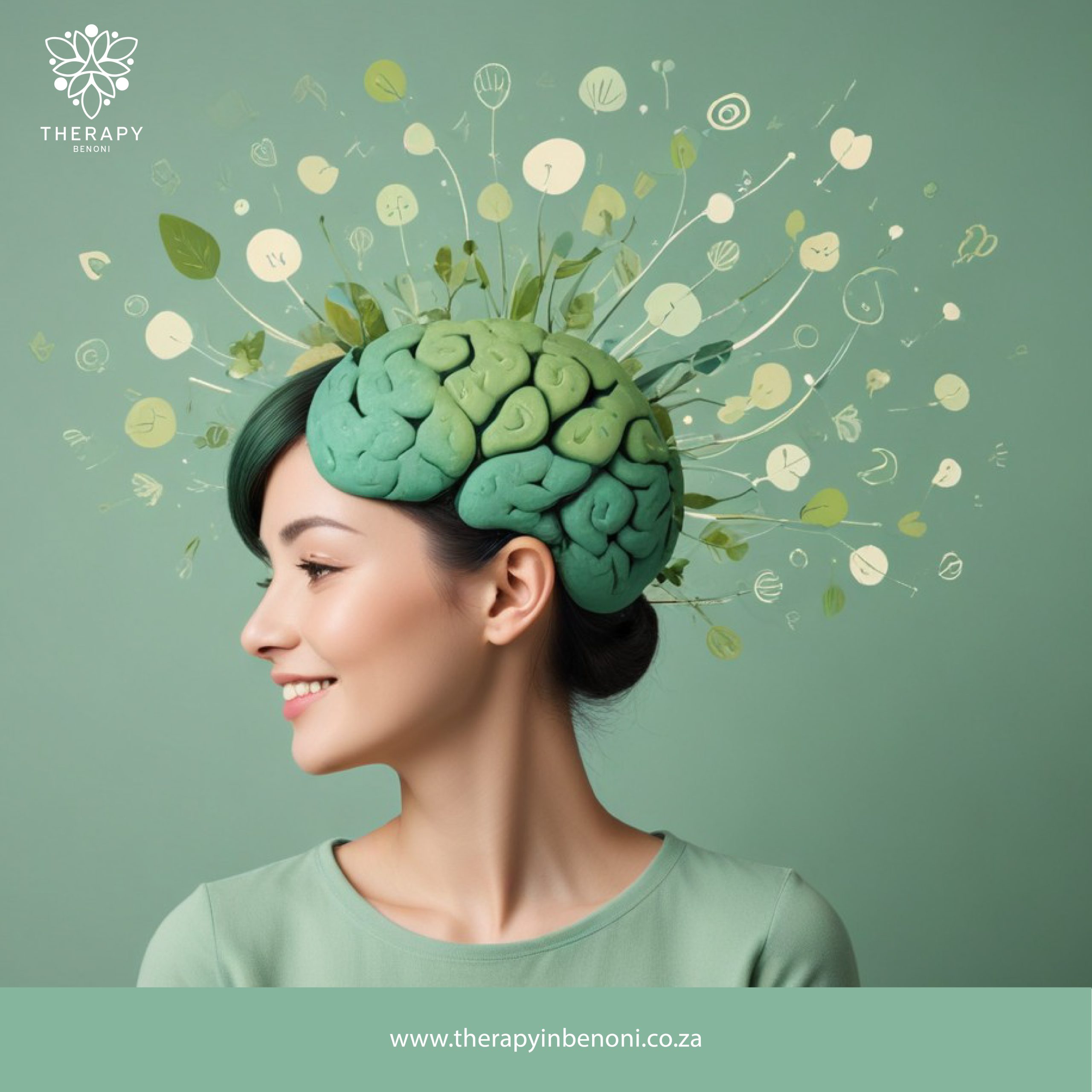  Profile of a child with a green brain illustration and mindfulness icons representing mindfulness therapy for children in Northmead at Therapy in Benoni.