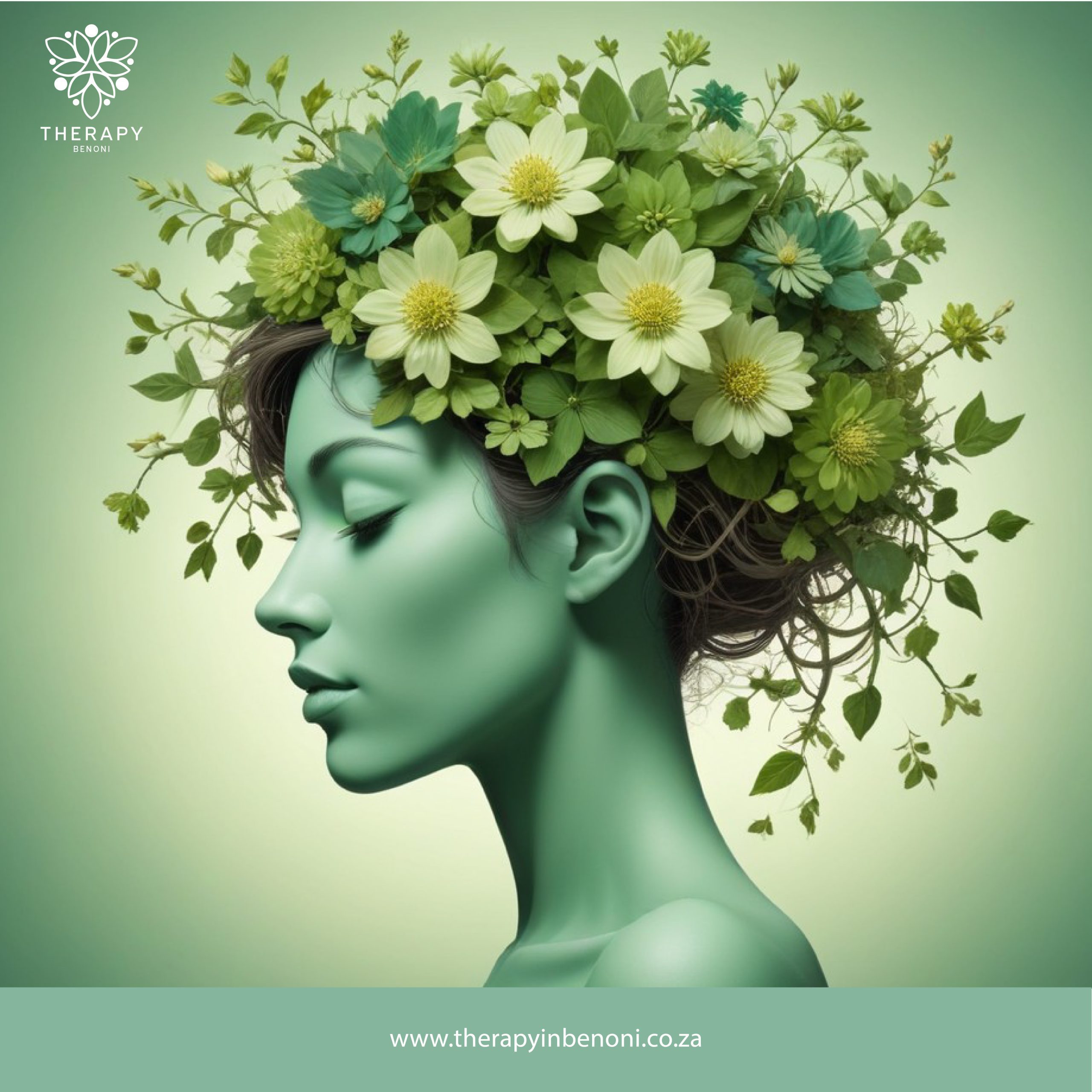 Profile of a calm woman with a head adorned with blooming flowers, symbolizing nurturing and growth-focused child psychology services in Ebotse at Therapy in Benoni.