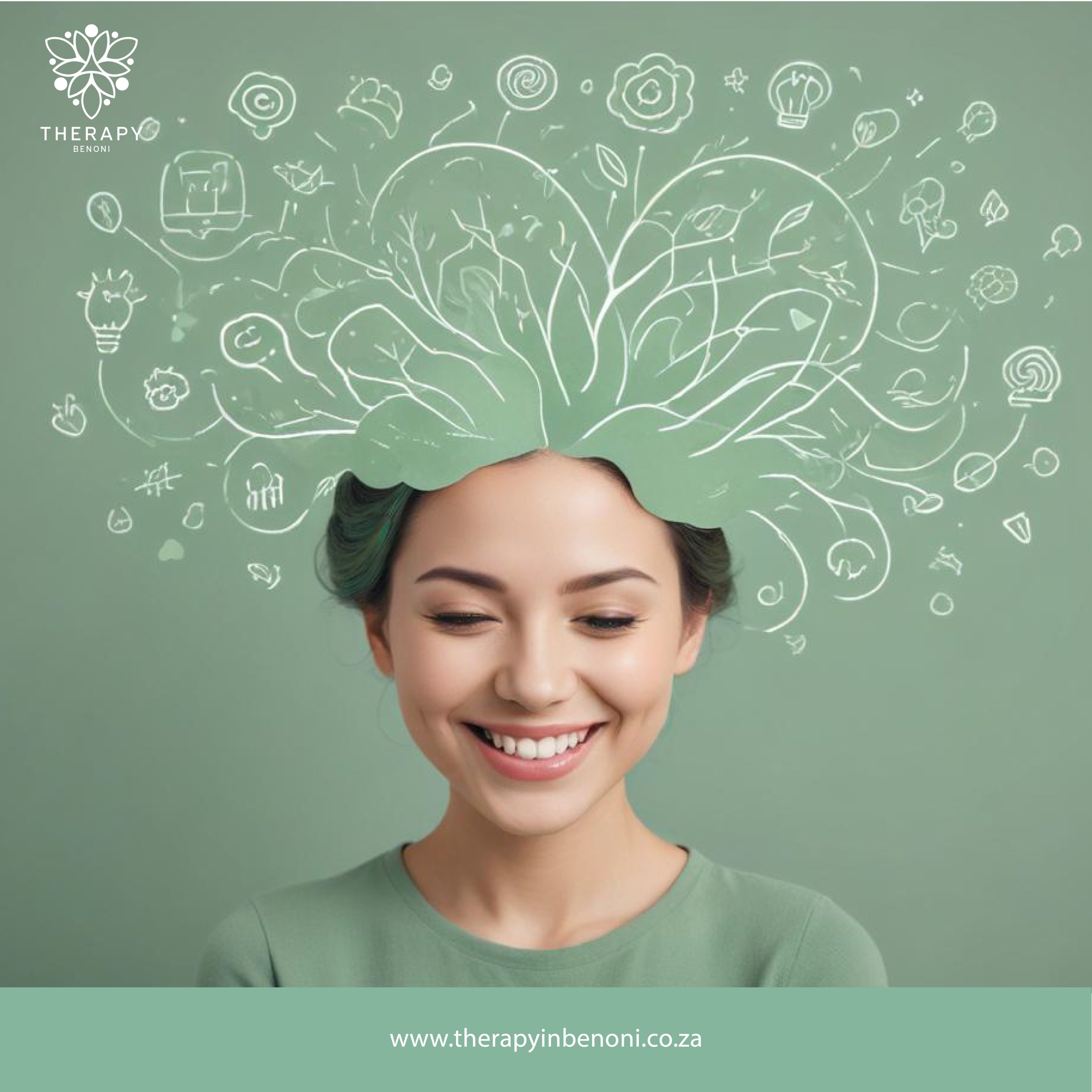 Smiling adolescent with an illustrated brain and creative icons representing adolescent depression therapy in Northmead at Therapy in Benoni.