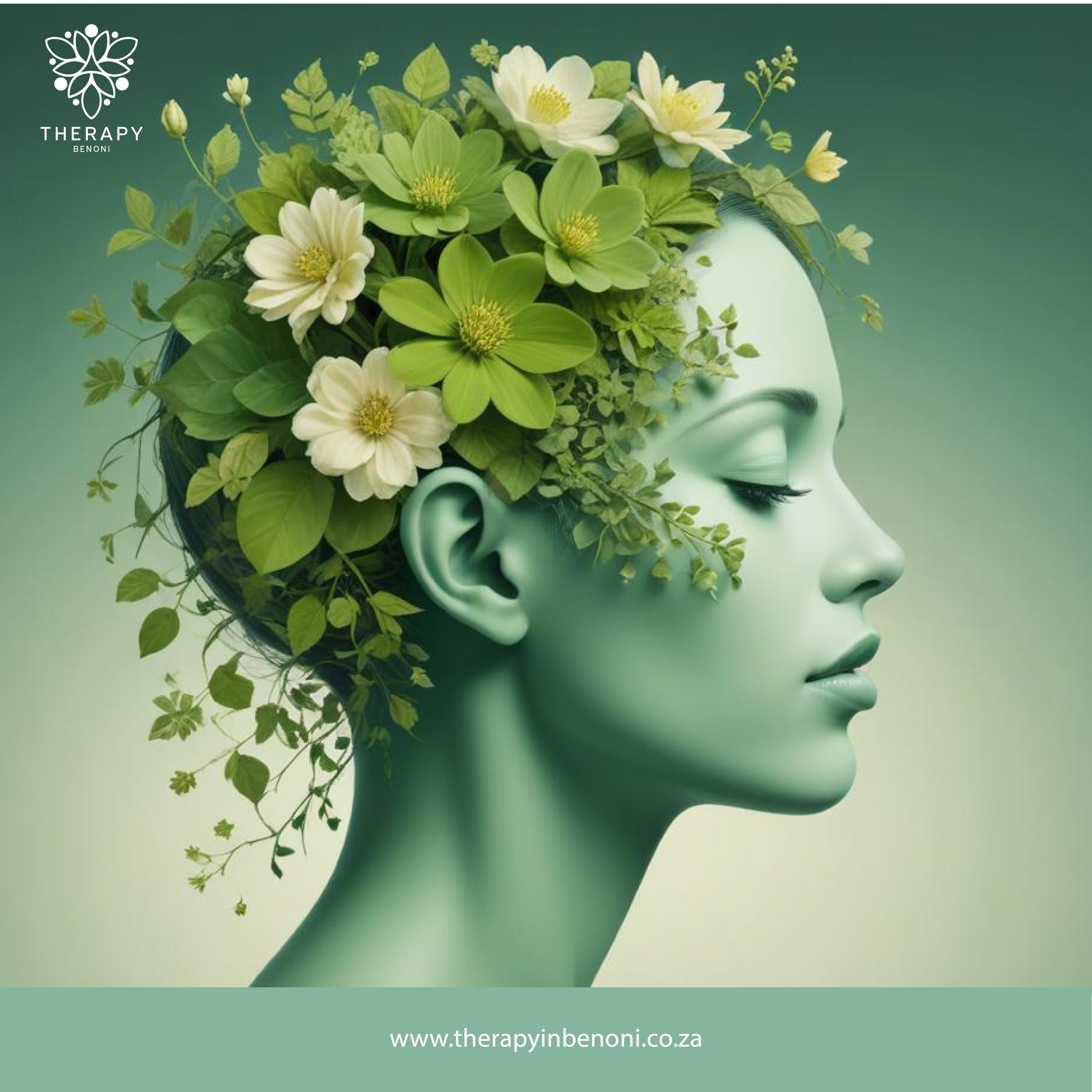 Profile of a serene child with flowers and greenery representing holistic child psychology services near Bedfordview at Therapy in Benoni.