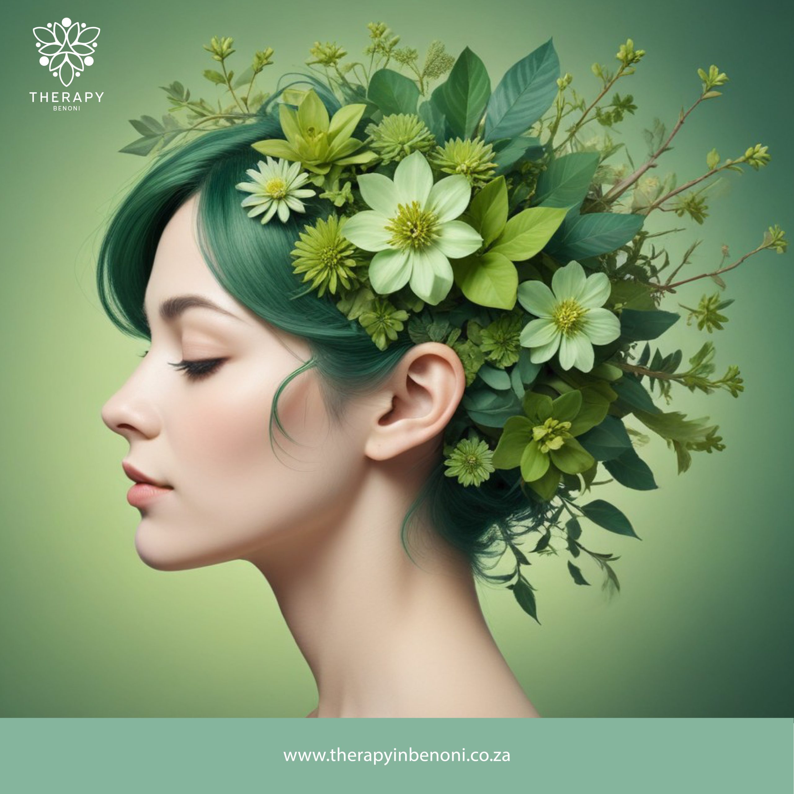 Profile of a child with flowers and greenery in their hair symbolizing natural growth through behavioral therapy for children near Bedfordview at Therapy in Benoni.