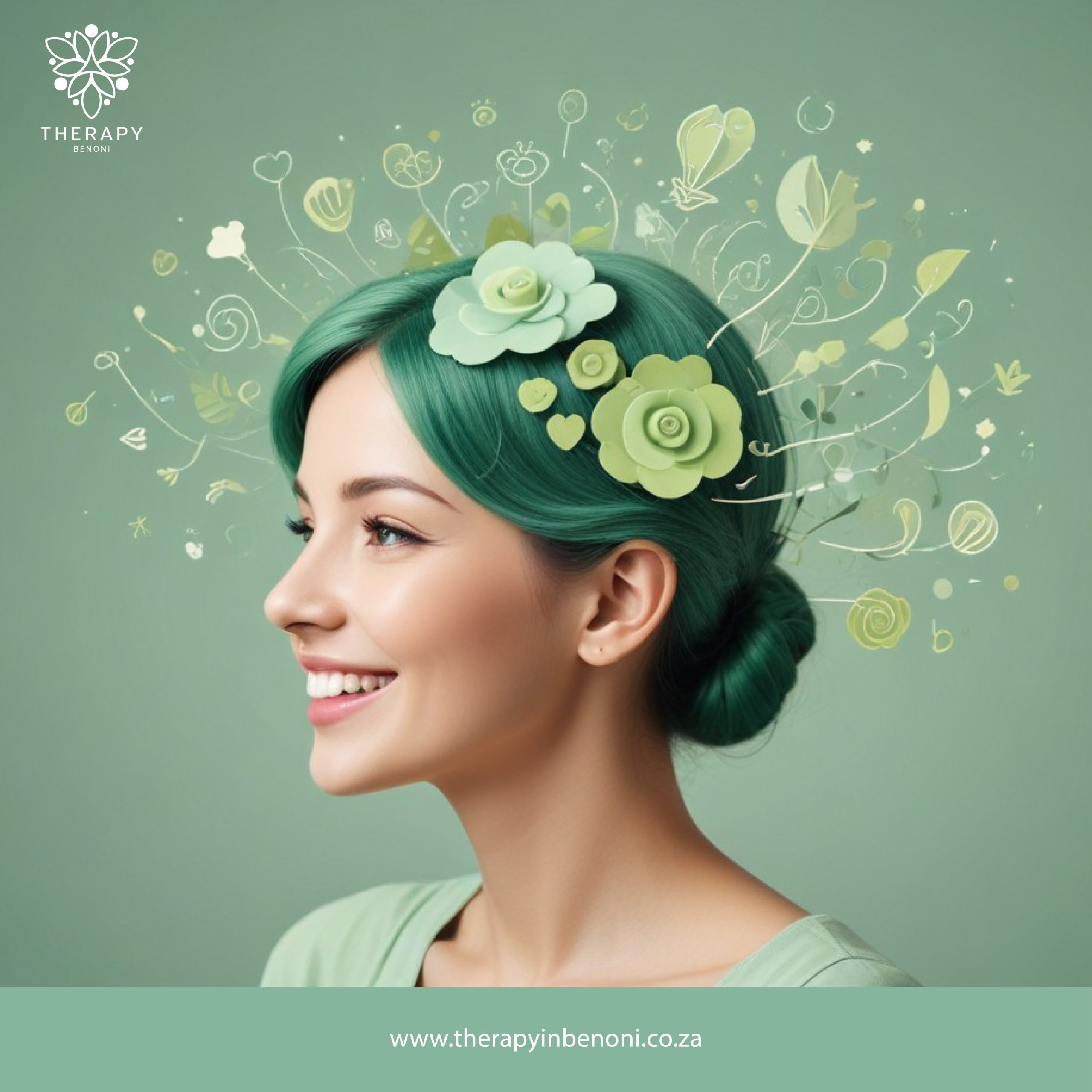  Smiling woman with green hair adorned with floral and abstract elements, symbolizing the effective and compassionate adolescent depression therapy in Ebotse at Therapy in Benoni.