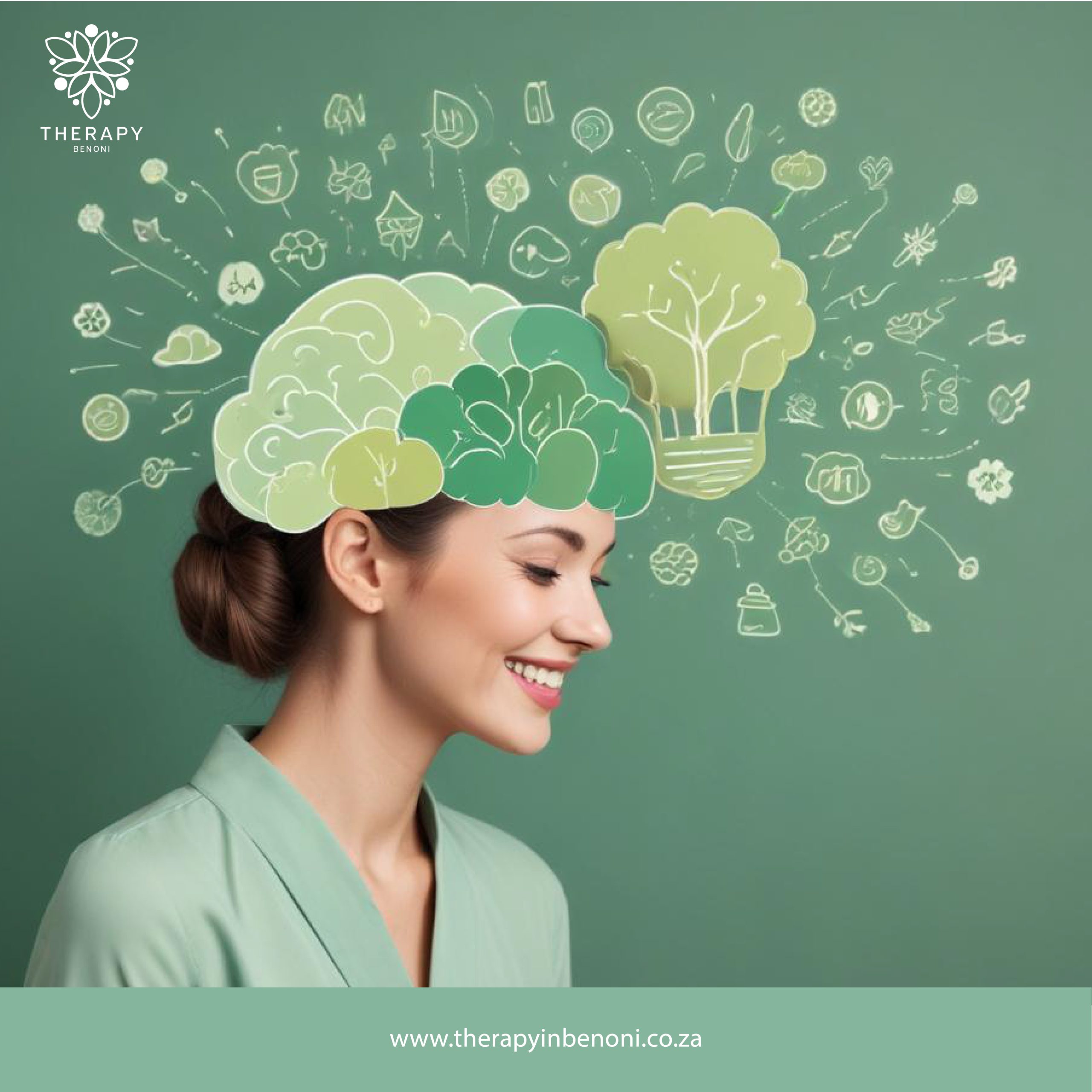 Smiling woman with brain and nature-themed visualizations around her head, symbolizing the specialized and nurturing child trauma counseling in Ebotse at Therapy in Benoni.