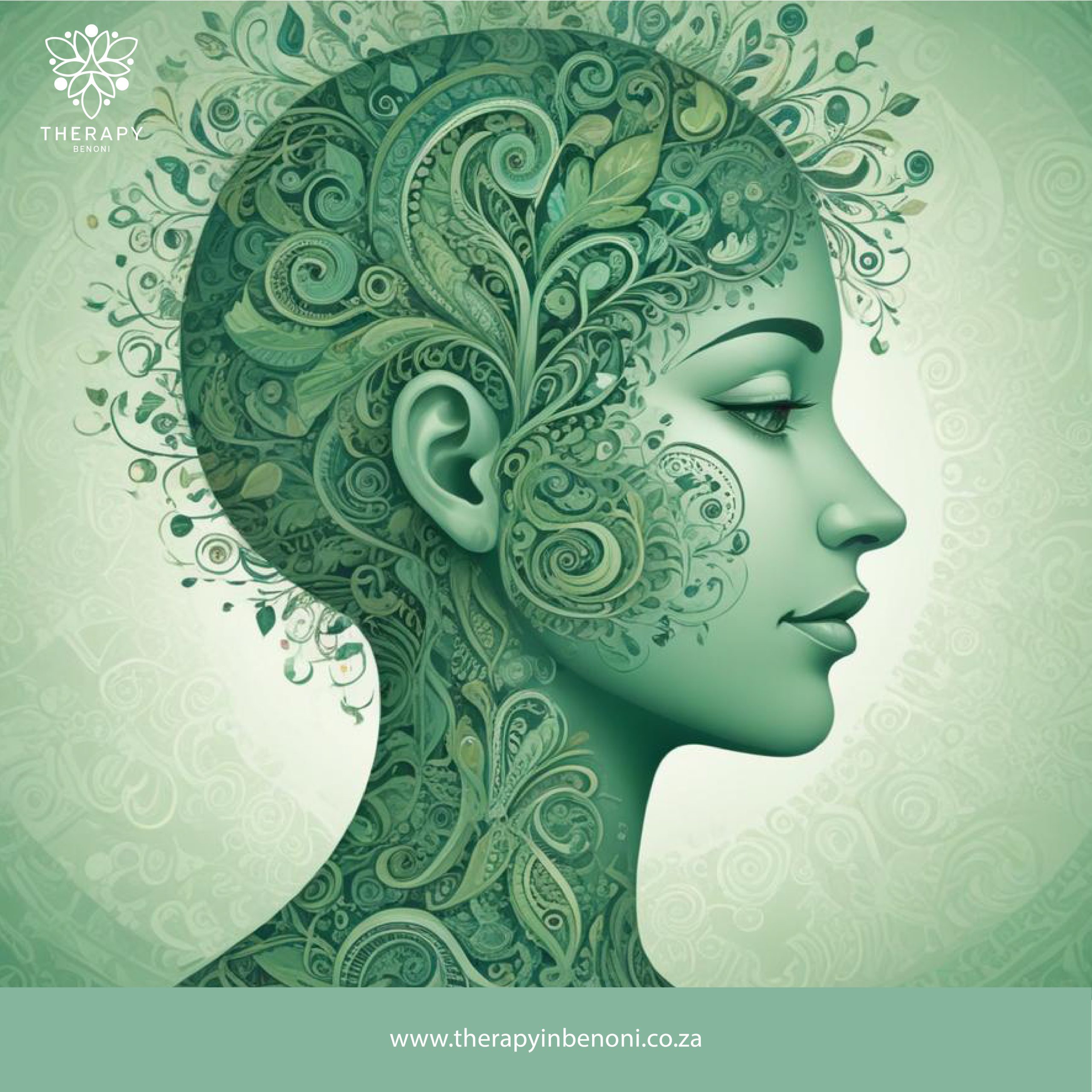 Artistic profile of a woman's face with floral and leaf patterns, representing holistic mental health therapy at Therapy in Benoni.