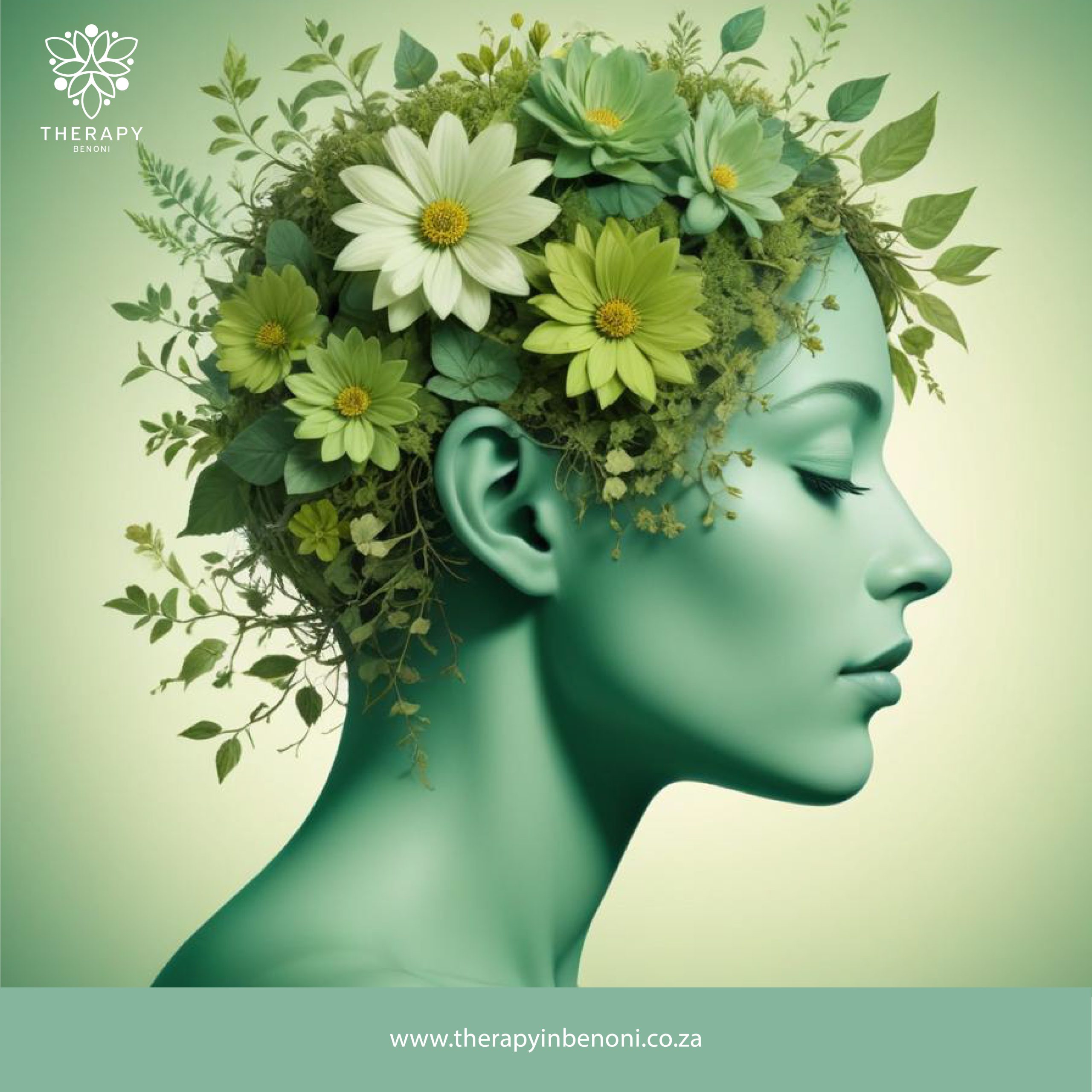 Mindfulness therapy for children in Boksburg - Serene profile of a woman with flowers and leaves forming her hair