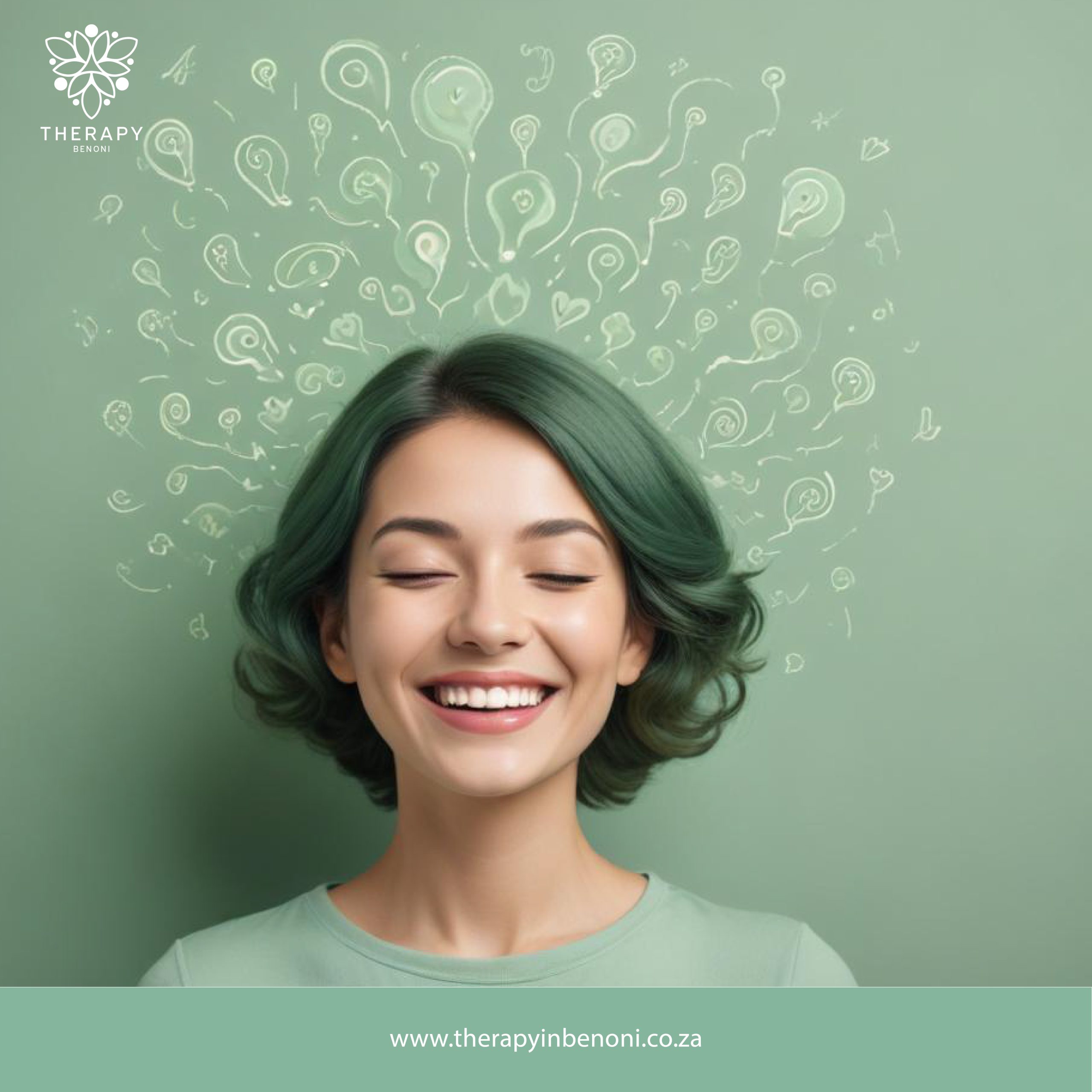 Therapy for ADHD in children in Benoni - Smiling young woman with abstract ADHD-related illustrations