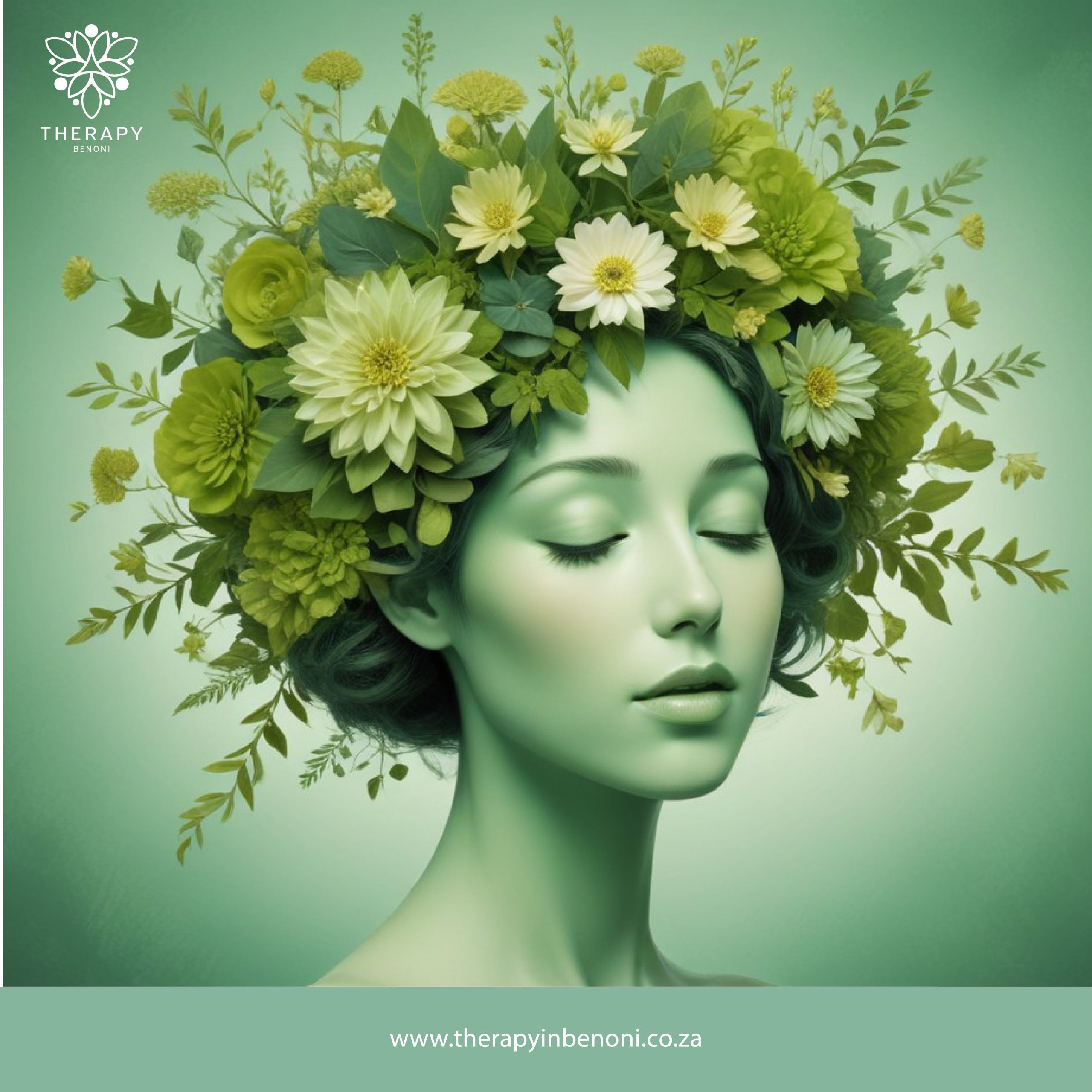 Serene child with eyes closed, adorned with green and yellow flowers, representing child therapy in Farrarmere by Therapy in Benoni