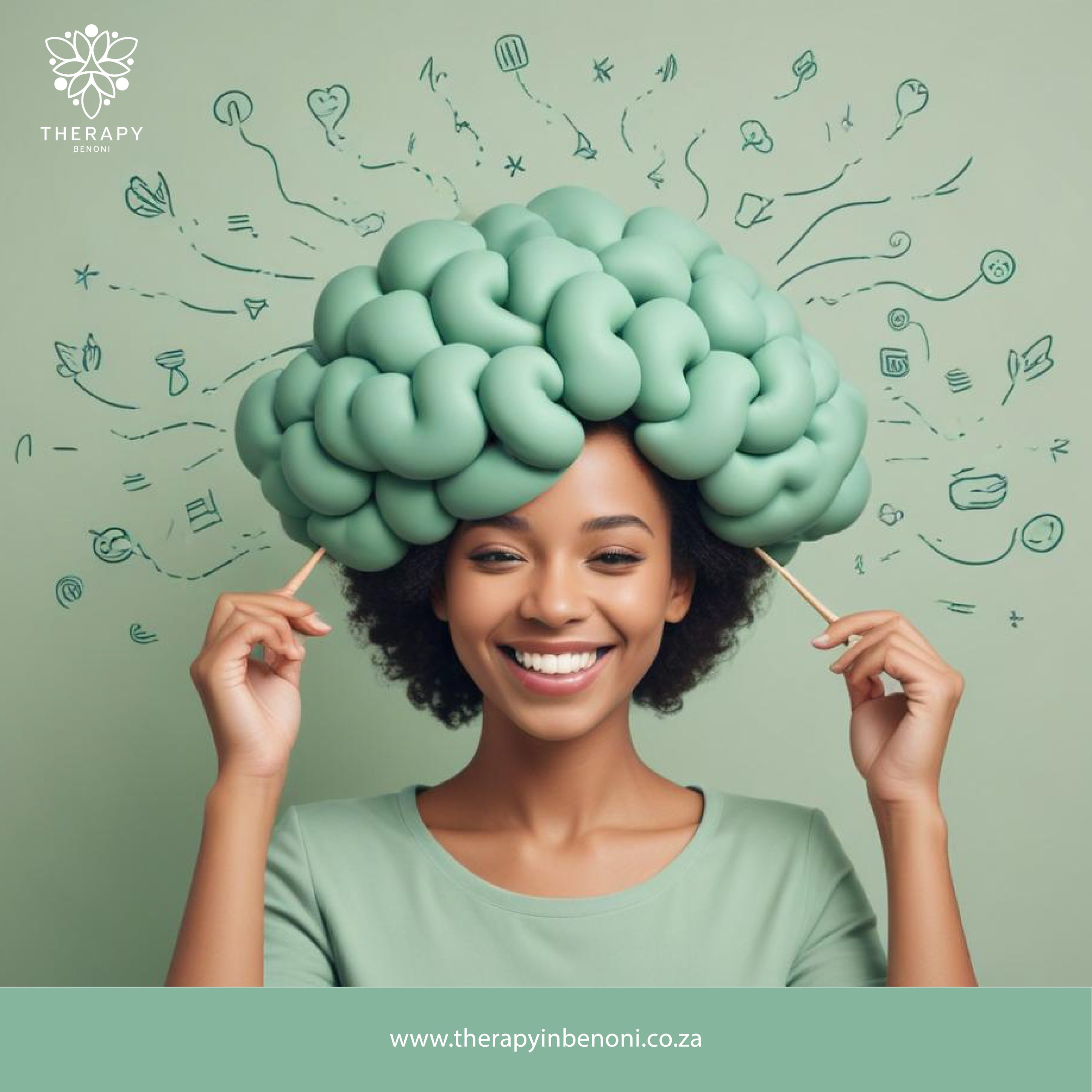  Smiling teenager with a creative brain illustration symbolizing teen psychology services in Rynfield at Therapy in Benoni.