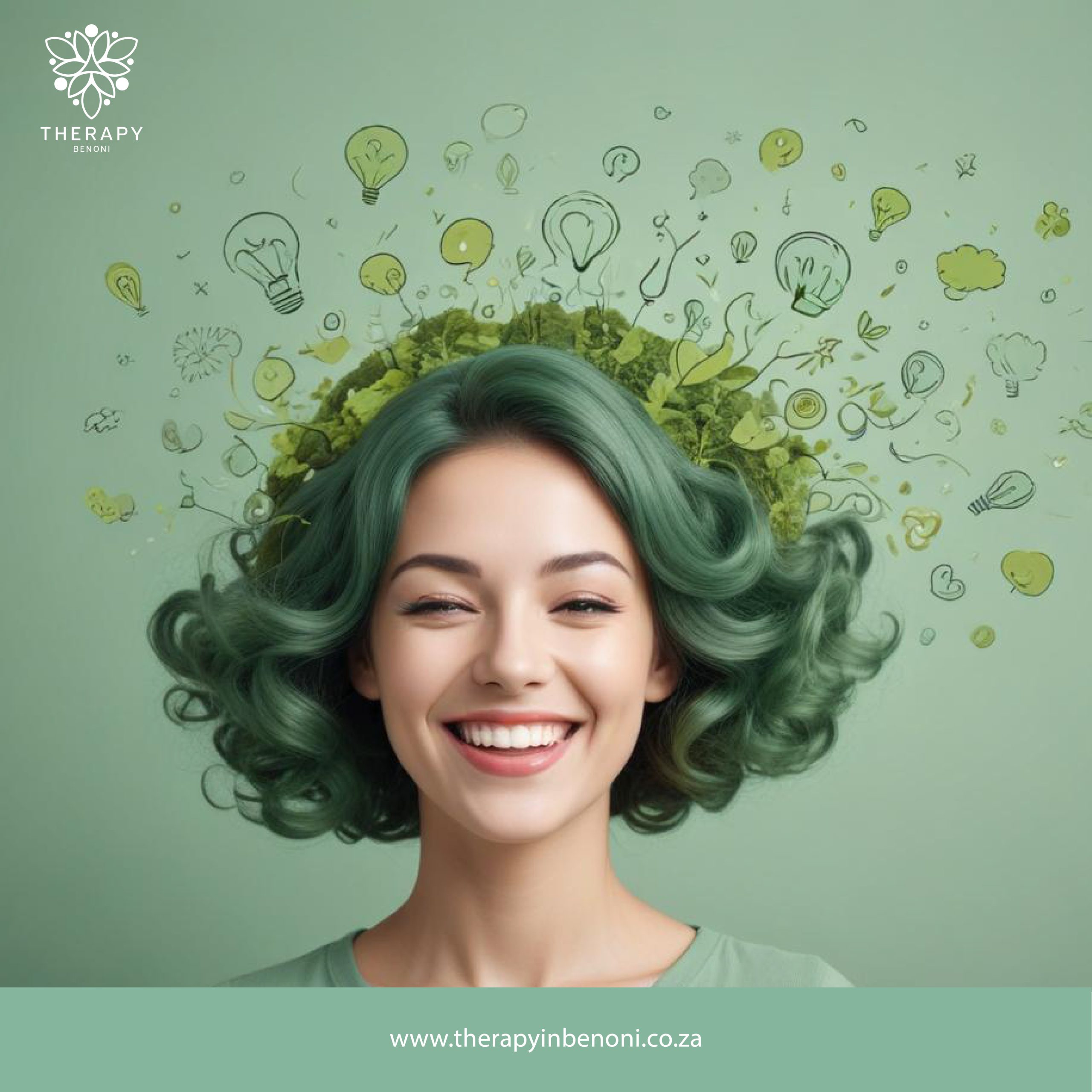 Child trauma counseling near Benoni - Smiling young woman with mental health icons and green illustrations forming her hair