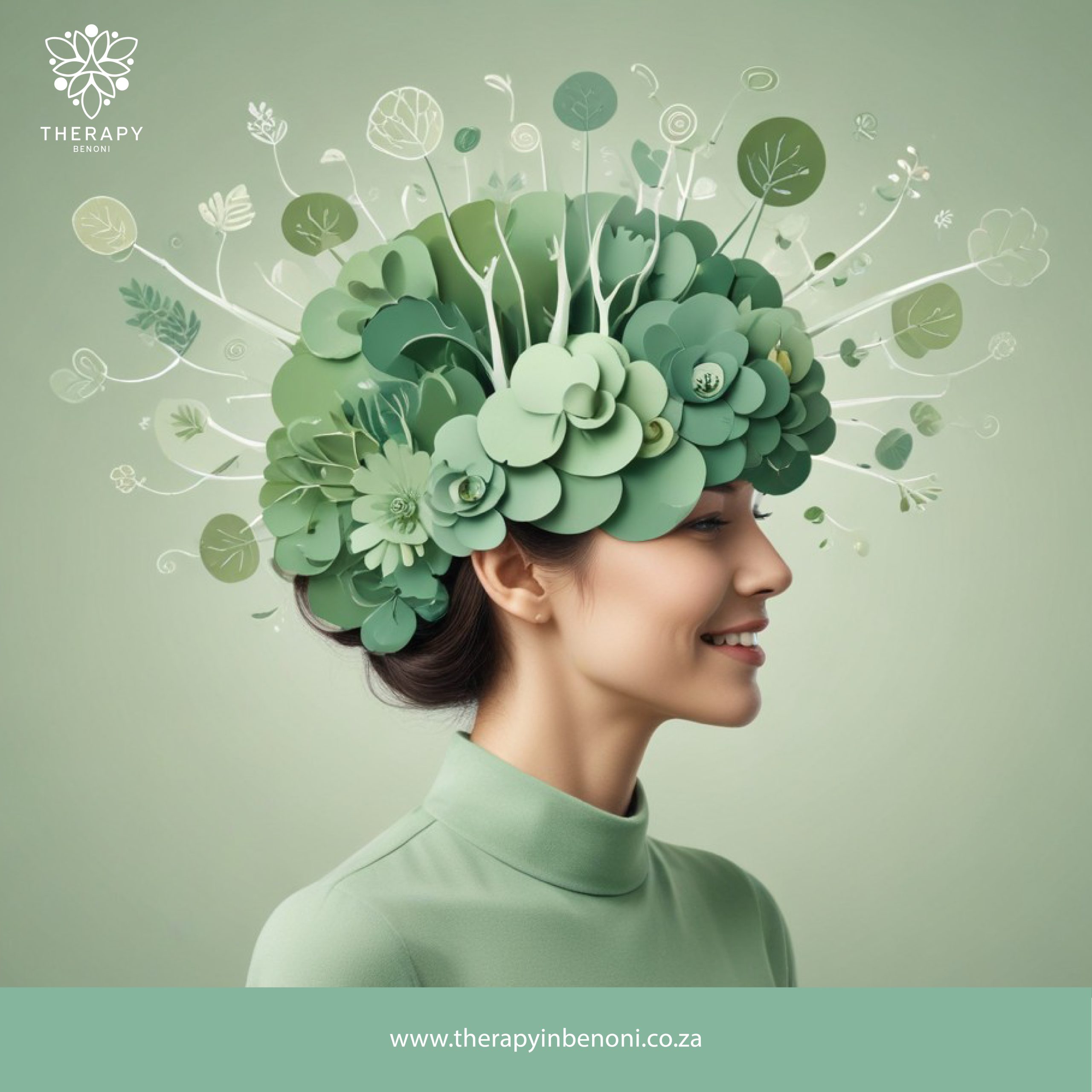 Profile of an adolescent with green floral and leafy brain illustration symbolizing adolescent depression therapy in Rynfield at Therapy in Benoni.