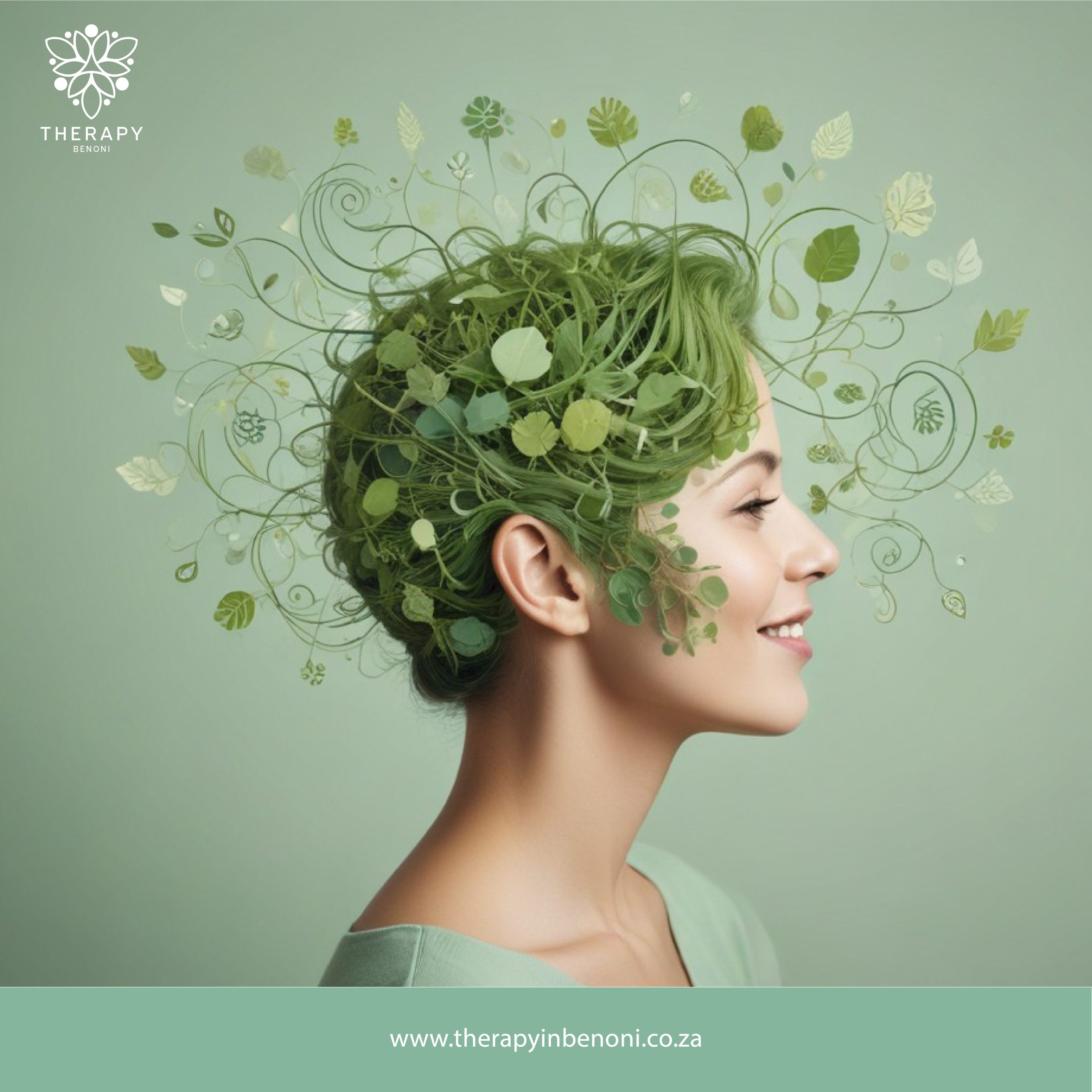 Profile of a child with intricate green leaves and vines representing child trauma counseling in Rynfield at Therapy in Benoni.