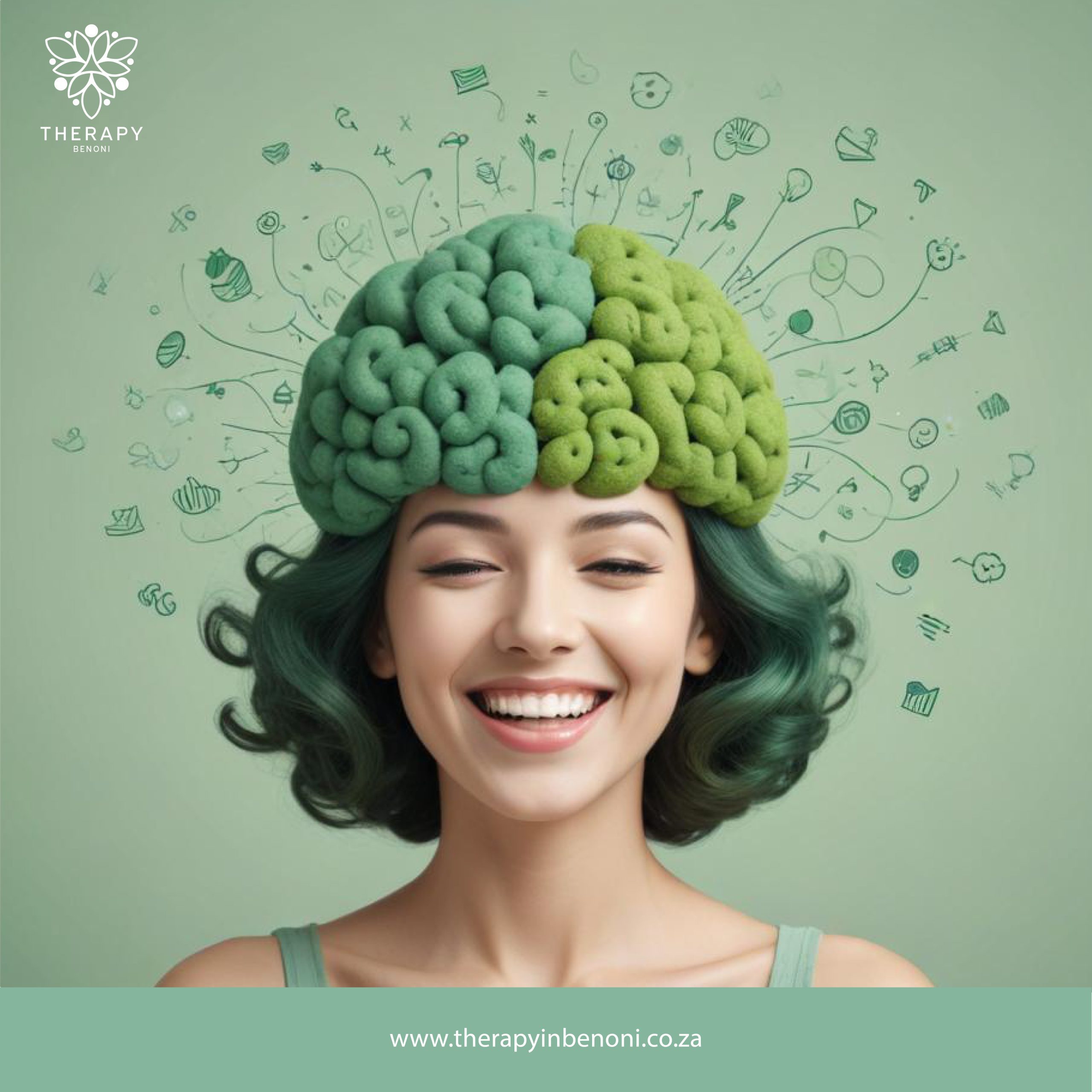 Smiling child with a green brain illustration and creative icons symbolizing ADHD therapy for children in Rynfield at Therapy in Benoni.