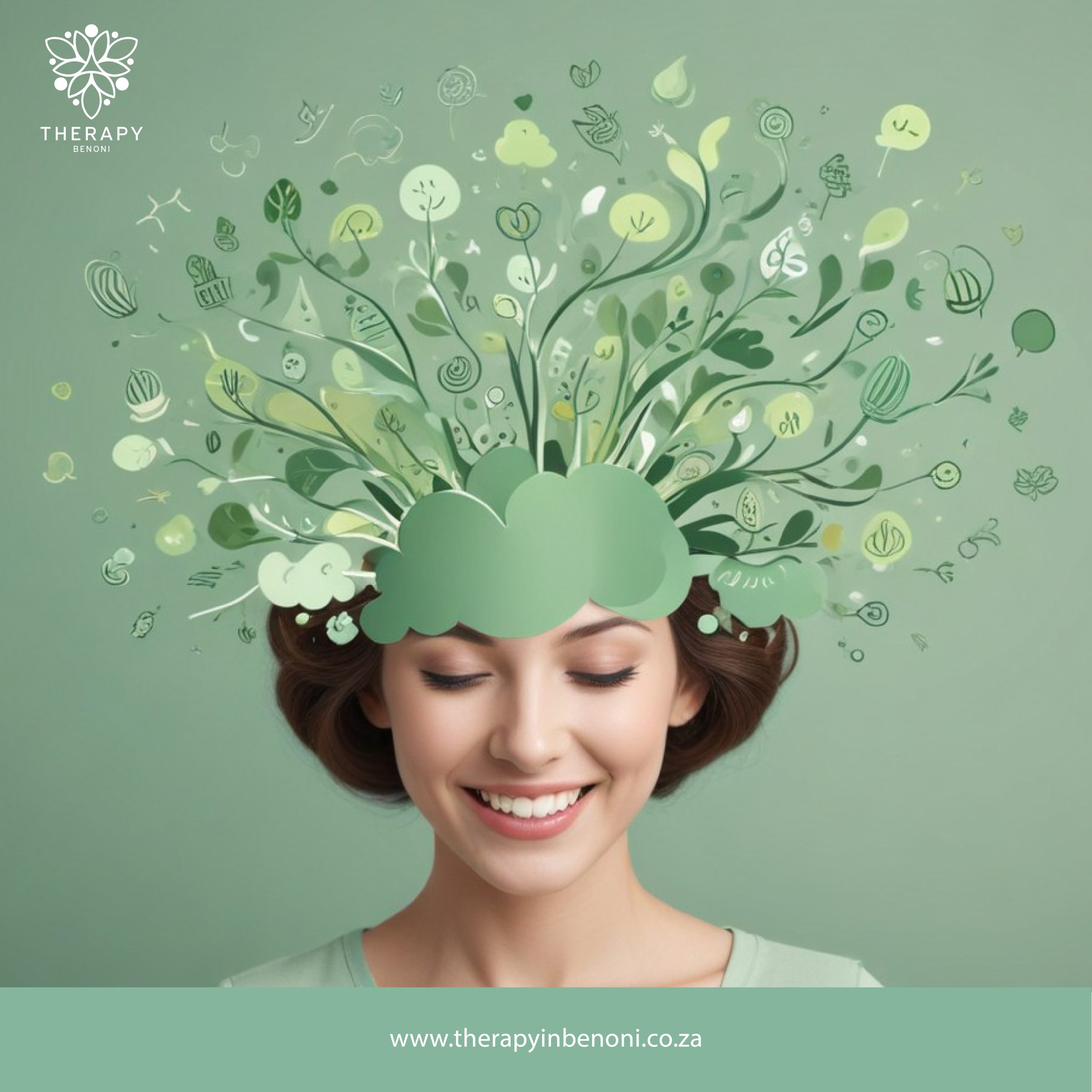 A smiling woman with closed eyes, adorned with an artistic floral and leafy headdress, symbolizing holistic and nature-inspired therapy at Therapy in Benoni.