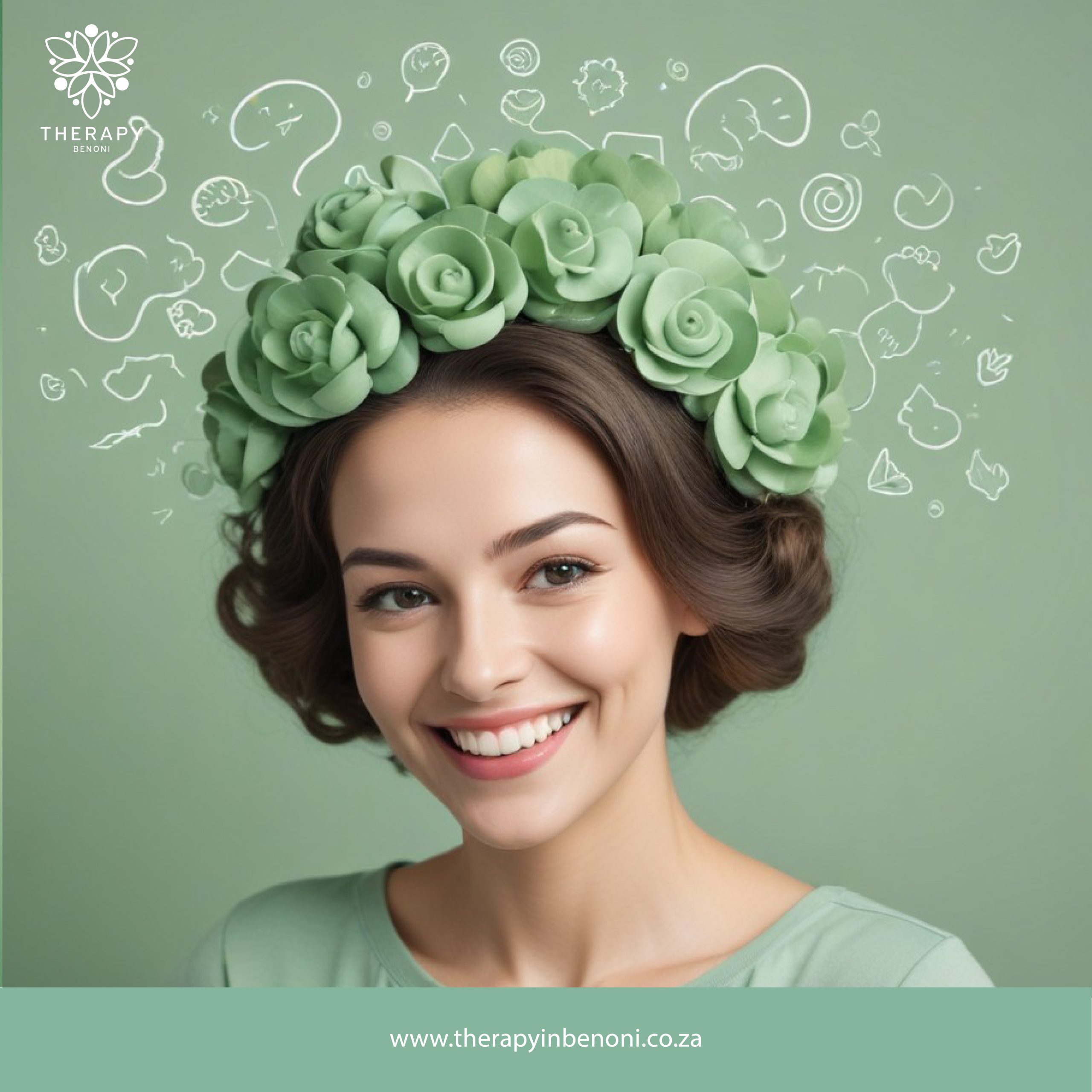 Child therapy in Kempton Park - Smiling young woman with a crown of green flowers and mental health icons