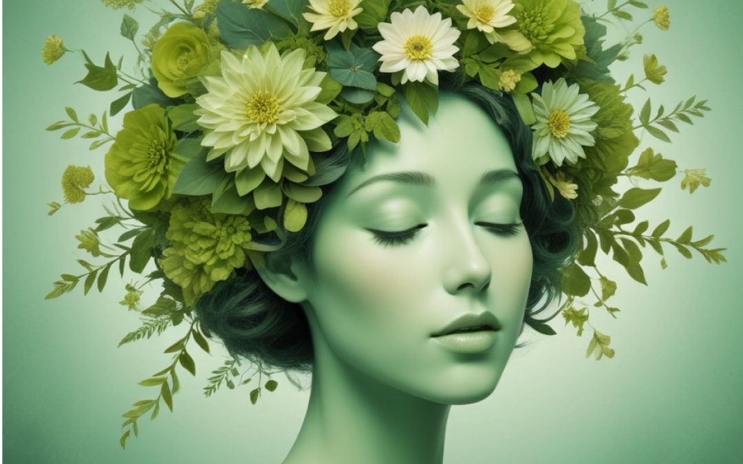 A calming image of a woman with a serene expression, adorned with a crown of green and yellow flowers, representing rejuvenation and peace in our therapy for burnout services in Benoni.