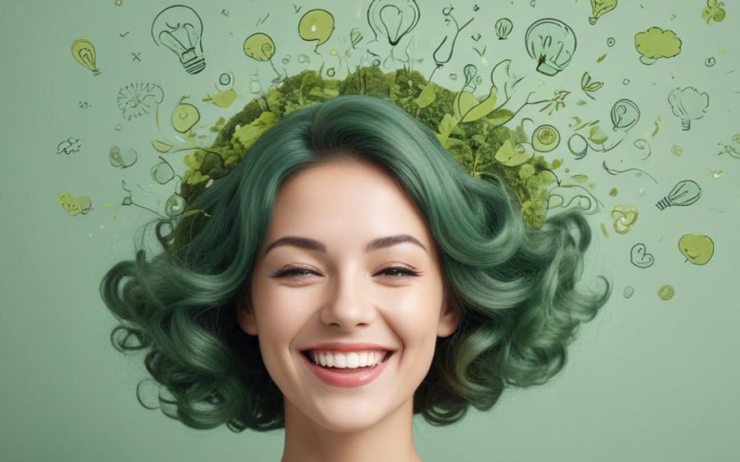 Smiling teen girl with green hair surrounded by artistic light bulb and leaf doodles representing therapy benefits for teen depression with Benoni psychologist Pakeeza Carrim