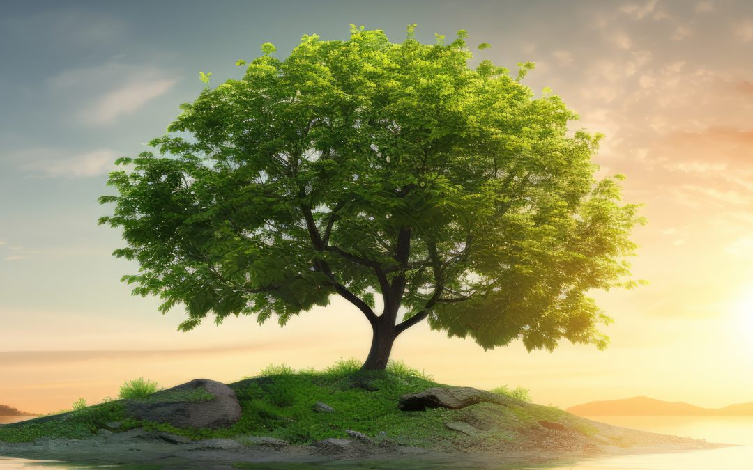 Wide panoramic image of a serene landscape featuring a vibrant green tree on a small island at sunrise, symbolizing growth and renewal in trauma counseling.