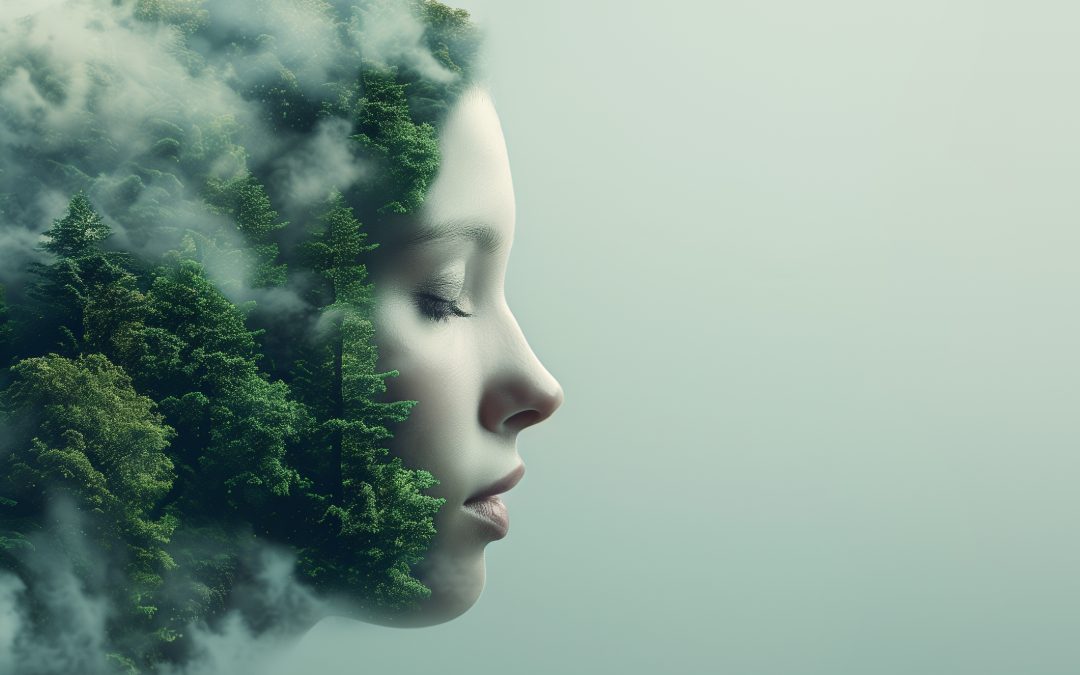 An evocative image of a female profile blended with lush green forest and clouds, symbolizing the serene and refreshing approach of our teen therapy sessions in Benoni.