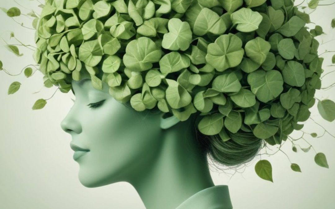 Profile of a serene woman adorned with vibrant green leaves as a headpiece, symbolizing growth and renewal in therapy, evocative of the natural healing environment in Benoni.