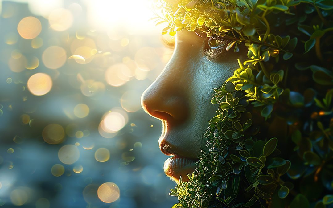 Panoramic image of a human profile blending with lush green foliage against a cityscape, symbolizing the integration of nature and mental health in counseling.