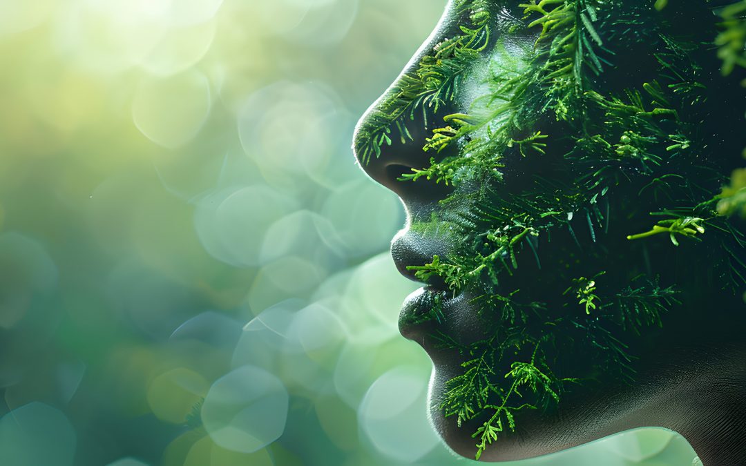 Wide panoramic image depicting a human profile overgrown with vibrant greenery, symbolizing the growth and transformation in habit formation, associated with Counseling Psychologist in Rynfield | Therapy in Benoni.