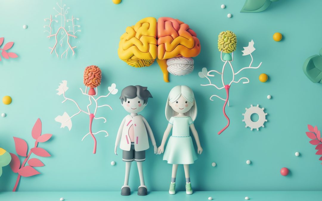 Illustration of two children holding hands with a brain and nervous system concept in the background, representing child psychology and the emotional development process, related to child grief counseling.